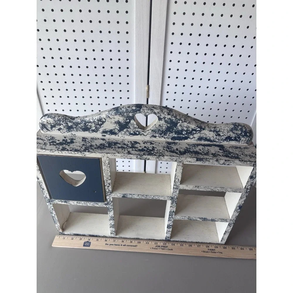 Wooden Heart Cutout Wall Trinket Shelf Rustic Painted Cottacore Blue Ivory